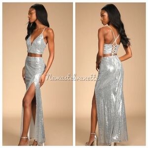 Nwt Lulu's Spotlights Shining Silver Sequin Two-Piece Maxi Dress